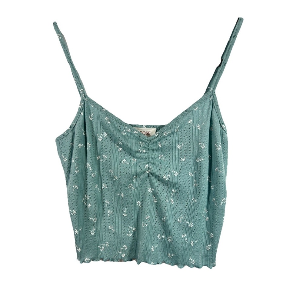 Pink Rose‎ Daisy Print Pointelle Cami Top M Ruched Sweetheart Y2K Cottage Dainty